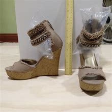 G By Guess Shoes | New Wedge Sandals With Chains Ankle Cuff Sz 8 | Color: Tan | Size: 8