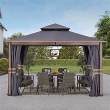 Sunjoy Howards Outdoor Patio Steel Frame 11 X 13 ft. 2-Tier Soft Top Gazebo With Dark Gray Canopy Roof Netting And Curtains