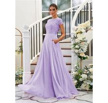 A-Line Long Lilac Chiffon Lace Short Sleeves Bridesmaid Dress 2024