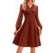 Capreze Long Sleeve A Line Dresses V Neck Midi Dress For Women Loose Solid Color Holiday Swiss Dots