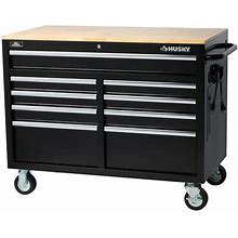 Husky H46MWC9V2 46 in. W X 24.5 in. D Standard Duty 9-Drawer Mobile Workbench Cabinet With Solid Wood Top In Gloss Black