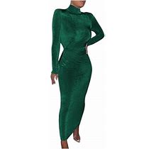 Formal Dresses For Women Tultleneck Long Sleeve Stretch Pleat Waist Maxi Dress Elegant Slim Fitted Work Cocktail Dresses Womens Clothes