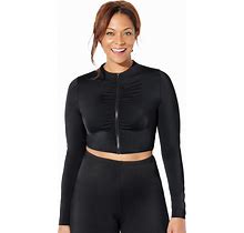 Plus Size Women's Chlorine Resistant Long Sleeved Cropped Zip Tee By Swimsuits For All In Black (Size 14)