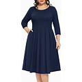 Women's Plus Size Floral Dresses Round Neck 3/4 Sleeve Fit And Flare Casual Dress With Pockets