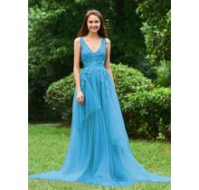 Prom Dress A-Line V-Neck Tulle Jade Long 2024