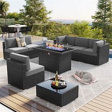 Layinsun 8 Piece Patio Furniture Set With 44" Propane Gas Fire Pit Table, Outdoor Sectional Conversation Set Wicker Rattan Sofa Set With Coffee Table