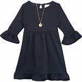 Rare Editions Little Girls Bell Sleeve Knit Dress With Necklace - Navy