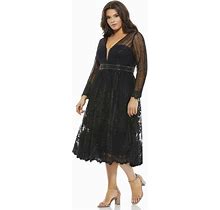 Mac Duggal Women's Plus Size Lace Illusion Long Sleeve Plunge Neck Midi Dress - Black