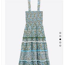 Zara Dresses | Zara Floral Print Tiered Midi Dress | Color: Blue/Green | Size: S