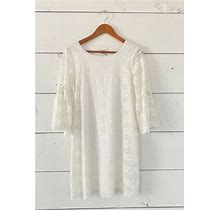 Ella Moon Embroidered White Shift Dress Sz M Bell Sleeves Laser Cut
