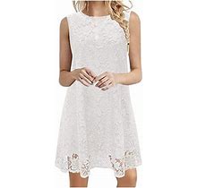 Lovskoo 2024 Women Summer Dresses Sun Dresses Solid Sleeveless Dress Round Neck Loose Pullover Dresses White