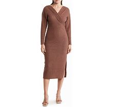 Lush Crossover Long Sleeve Sweater Dress - Brown - Casual Dresses Size X-Small