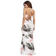 Women O-Neck Floral Print Strappy Backless Summer Evening Party Maxi Dress Summer Dress For Women With Pockets Petite Casual Dresses For Summer