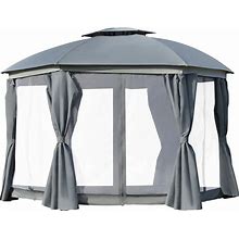 Outsunny 12' X 12' Steel Gazebo Canopy Party Tent Shelter With Double Roof, Curtains, Netting Sidewalls, Top Hook, Gray