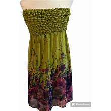 Twenty One Dresses | Twenty One Paisley Mixed Media Mini Dress Sz M Strapless Smocked Top Boho Green | Color: Green/Purple | Size: M