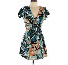 Joni Blair Casual Dress - Mini V-Neck Short Sleeves: Teal Print Dresses - Women's Size 7