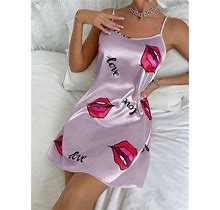 Women's Summer Imitation Silk Printed Letter & Lips Cami Sleep Dress,L