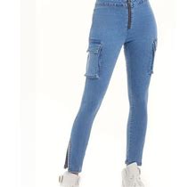 Plus Size Solid Color Washed Pocket Cotton Blend Jeans, Women's Basic Zipper Mid Rise High Stretch Side Split Skinny Flap,Blue,All-New,By Temu