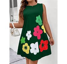 Plus Size Color Block Flower Printed Sleeveless Dress,1XL