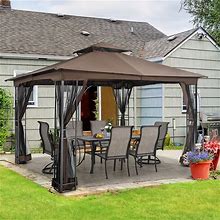 12 ft. X 10 ft. Soft Double Roof Patio Gazebo With Mosquito Net - Brown