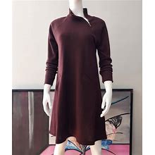 A-Line Sweater Dress, 90S Liz Claiborne | Rich Dark Mahogany | Scuba Zip-Neck, Faux Pockets | Size M/L Versatile Pullover