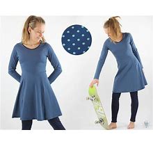 Skater Dress With Long Sleeves, Turquoise Dots On Dark Blue, Elegant Summer Dress Made Of Eco-Jersey
