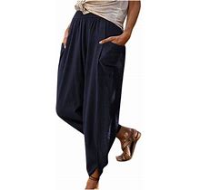 Pants For Women Elastic High Waist Cotton Linen Pants Vintage Solid Summer Casual Baggy Wide Leg Pants With Pockets