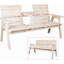 Kdgarden Cedar/Fir Log Wood Patio Garden Bench With Foldable Table, Outdoor Wooden Porch 3-Seat Bench Chair For Garden Balcony Patio Backyard,