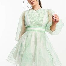 ASOS DESIGN Petite Lace Insert Embroidered Organza Mini Skater Dress In Green Print-Multi - Multi (Size: 0)