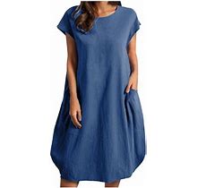 Hapimo Women's Knee Length Dress With Pocket Short Sleeve Clothing Round Neck Solid Color Tops Elegant Casual Comfy Summer Dresses For Female Blue XL