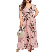 Chgbmok Plus Size Dresses For Women 2024 Boho Sleeveles Sundresses Floral Print Ruffle Hem Maxi Dress Casual Beach Party