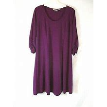 Susan Graver Dress Purple Knit Large Ruched 3/4 Sleeve Pull On Women