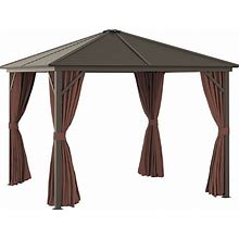 Outsunny 10X10 Hardtop Gazebo With Aluminum Frame, Permanent Metal Roof Gazebo Canopy With Curtains And Netting For Backyard, Dark Brown