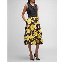 Rickie Freeman For Teri Jon Sleeveless Floral-Print Taffeta Midi Shirtdress, Black Yellow, Women's, 10, Shirtdresses Button-Down Shirt Dresses