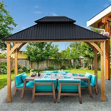Aoodor Patio Solid Wooden Gazebo 10 X 12 ft. Hardtop Roof 2 - Tier For Garden, Black Canopy