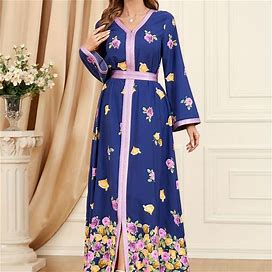 Floral Print V-Neck Kaftan Dress, Elegant Contrast Trim Maxi Length Dress, Women's Clothing,Royal Blue,Must-Have,Temu
