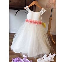 Ivory Lace Sleeve Satin And Tulle Dress W/ Chiffon Flower Sash - Size: 6 | Pink Princess