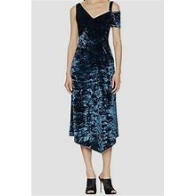 $695 Yigal Azrouel Womens Blue Crushed Velvet V-Neck A-Line Jersey Dress Size 12