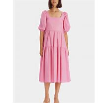 Moon River Square Neck Tiered Puff Sleeve Bubblegum Pink Midi Dress
