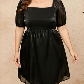 Plus Size Solid Cinched Waist Tulle Dress, Casual Square Neck Short Sleeve Dress For Spring & Summer, Women's Plus Size,Black,Trending,By Temu