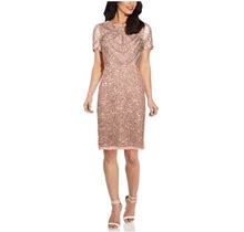 Adrianna Papell Womens Pink Sequined Beaded Short Sleeve Jewel Neck Knee Length Evening Sheath Dress 8