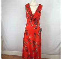 Lulus Dresses | Lulus - Women's Xs - Orange Floral V Ruffle Neck Sleeveless Pleated Maxi Dress | Color: Orange | Size: Xs