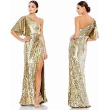 Mac Duggal Dresses | Mac Duggal Embellished Gold Flutter Sleeve One Shoulder Trumpet Gown | Color: Gold | Size: 8