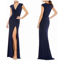 MAC DUGGAL V-NECK RUCHED JERSEY CAP SLEEVE NAVY GOWN DRESS 2