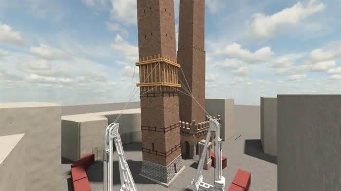 A rendering showing how the equipment from the Tower of Pisa will be used on the Garisenda tower. - Comune di Bologna