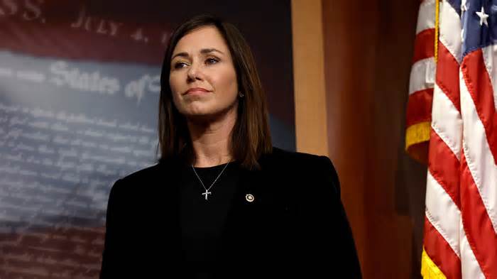 Sen. Katie Britt listens during a news conference on border security at the U.S. Capitol on Sept. 27, 2023.