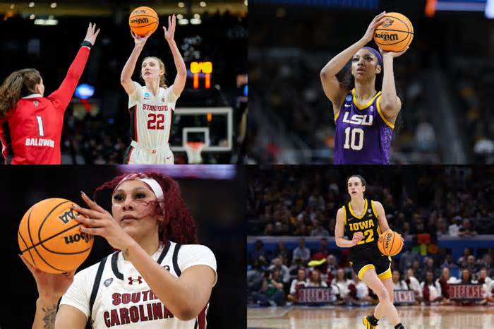 TOP LEFT: Cameron Brink (22), Stanford Cardinal; TOP RIGHT: Angel Reese (10), LSU Tigers; BOTTOM LEFT: Camilla Kardoso, South Carolina Gamecocks; BOTTOM RIGHT: Caitlin Clark (22), Iowa Hawkeyes. (Photos by Soobum Im, Andy Lyons, Steph Chambers/Getty Images)