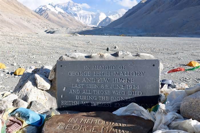Memorial for George Leigh Mallory who disappeared in 1924 during the pioneer British Mt. Everest Expeditions, with Mt. Everest visible in the distance