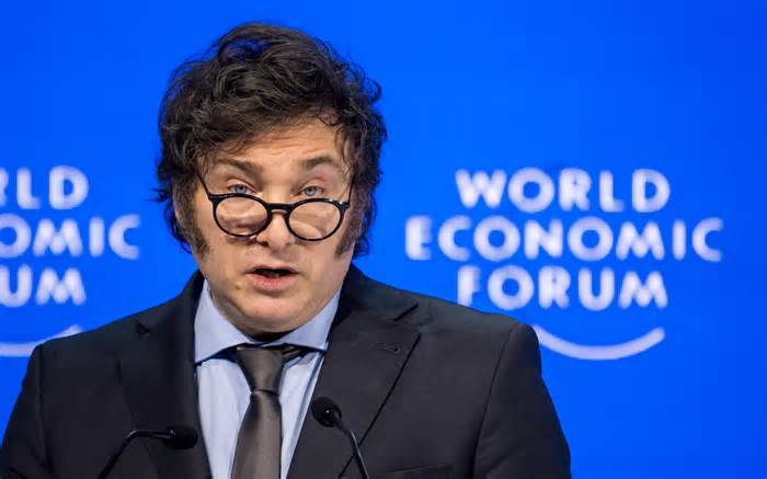 Argentina's President Javier Milei delivers a speech at the World Economic Forum (WEF)