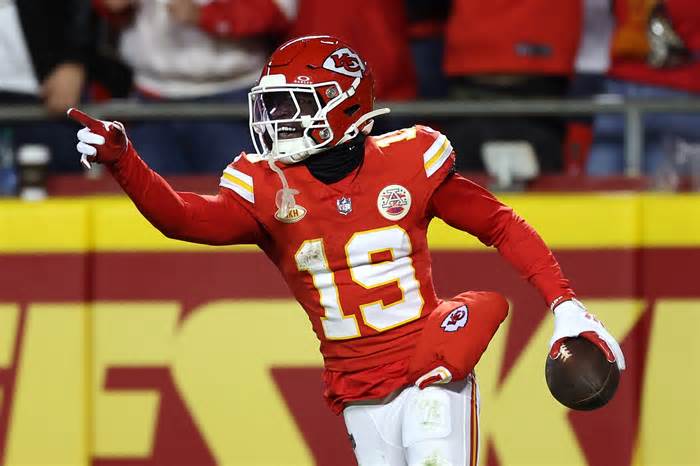 Kadarius Toney #19 of the Kansas City Chiefs reacts after a touchdown on a play that was called back due to a penalty during the second half of the game against the Buffalo Bills at GEHA Field at Arrowhead Stadium on December 10, 2023 in Kansas City, Missouri.